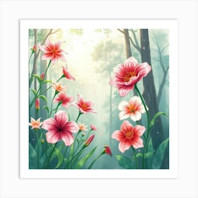 Pink Flowers In The Forest Art Print