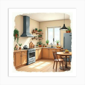 Cozy And Stylish Kitchen Scene In Watercolor, Warm Colors 1 Art Print