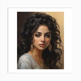beautiful woman with long, dark hair, wearing a white shirt and gold jewelry. She has a serious expression on her face and is looking directly at the camera. Art Print