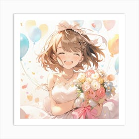 Anime Girl Holding Bouquet Of Balloons Art Print
