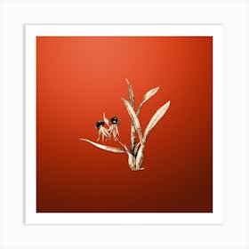 Gold Botanical Clamshell Orchid on Tomato Red Art Print