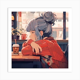 Anime Girl Sitting At A Table 1 Art Print