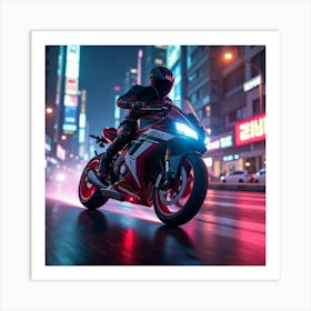 Super Bike Racing Through A Neon Lit City With Glowing Underbody Lights 1 Art Print