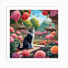 Blossom and Whisker: A Garden Encounter Art Print