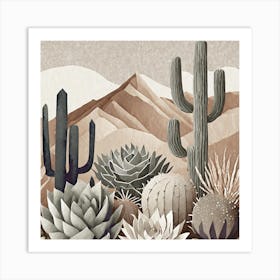 Firefly Modern Abstract Beautiful Lush Cactus And Succulent Garden In Neutral Muted Colors Of Tan, G (16) Art Print