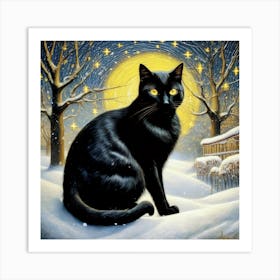 Winter Black Cat Art Print