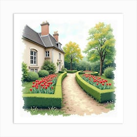 French Garden With Watercolor Blooming Tulips And Manicured Hedges 1 Art Print