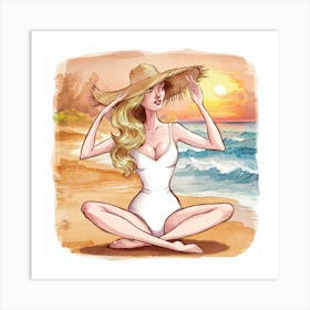 Beach Girl In Hat Art Print