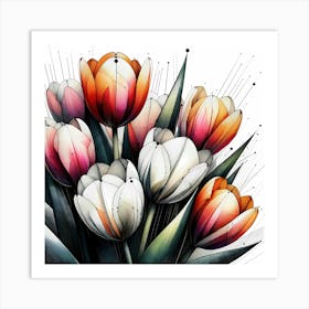 Tulps Bouquett - Abstract Line Art Illustration 69 Art Print