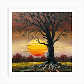 a tree with a yellow sun in the background and a brown sky above it 2 Art Print