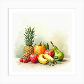 Elegant Watercolor Portrayal Of Assorted Fruits And Veggies With A Serene Setting 1 Art Print