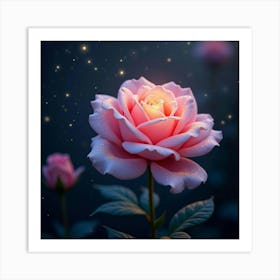 A Dreamy Rose With Petals Of Shimmering, Iridescent Light Blooming In A Starry Garden Art Print