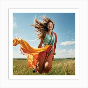 A Youthful Female Exuding Vitality Engaged In Jumping With Unrestrained Joy Sporting Healthy Slim (7) Art Print