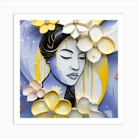 Asian Woman With Flowers Japanese Textured Monohromatic 1 Art Print