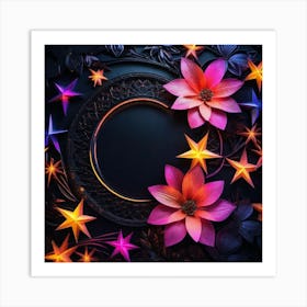 Paper Flowers And Stars, black, bright , pink, yellow Art Print