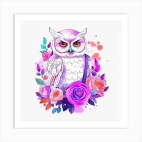Owl With Roses Art Print