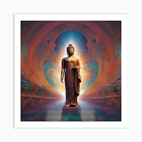 Lord Buddha Is Walking Down A Long Path, In The Style Of Bold And Colorful Graphic Design, David , R (3) Art Print