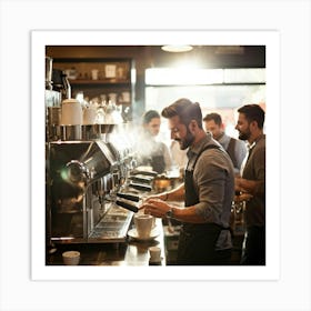 Barista Swiftly Spinning Pouring Water Into A Gleaming Espresso Machine Amidst Morning Rush In Bu (3) Art Print