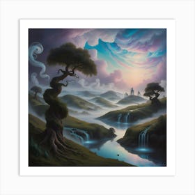 A Dreamlike Scenery Of Surreal Landscapes, Where Rolling Hills And Twisted Trees Stretch Towards A Sky With Swirling Clouds Of Iridescent Blues And Purples, Like A Dalíesque Painting Come To Life 3 Art Print