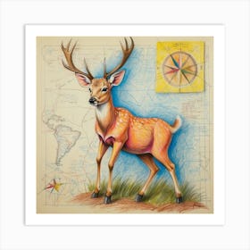 Deer On Map Art Print