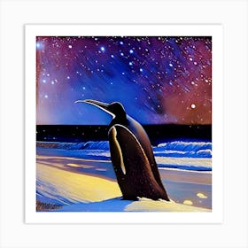 Penguin On Moonlit Beach Art Print