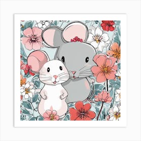 Couple Of Mice With Flowers Art Print