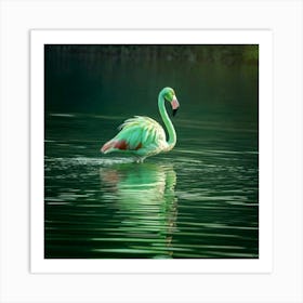 Firefly Whimsical Green Flamingo Gliding On A Glass Lake 44445 (2) Art Print