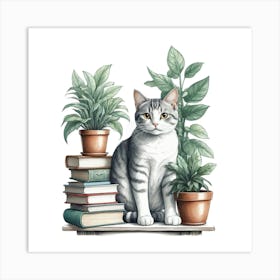 Cat On Bookshelf Art Print