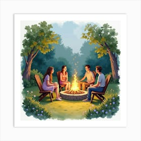 A Watercolor Of A Group Of Friends Having A Cozy Evening Around A Fire Pit In An English Garden 1 Art Print