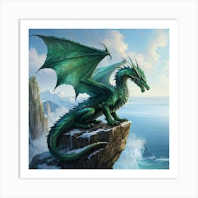 Green Dragon Perched On Jagged Cliffs Overlooking A Serene Icy Ocean Scales Shimmering With Iridesc Art Print