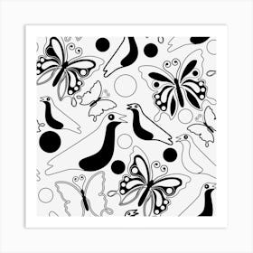 Butterflies Birds Seamless Pattern Black Version Art Print