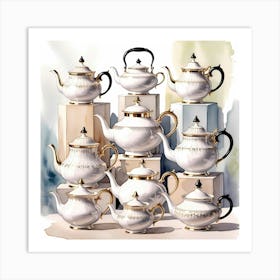 Elegant Watercolor Illustration Of A Collection Of Luxury Teapots, Showcasing Their Exquisite Designs And Intricate Details Art Print