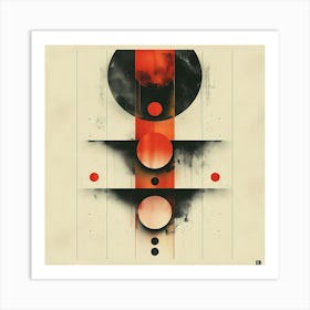 Abstract Geometric Art With Red And Black Circles Vertical Lines And Grunge Textures On Beige Background Art Print