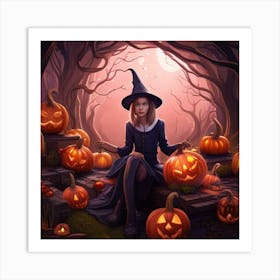 Witch And Pumpkins Art Print