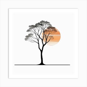 Sunset Tree,A Minimalist Line Drawing Of A Lone Tree Silhouetted Against A Fiery Sunset Art Print