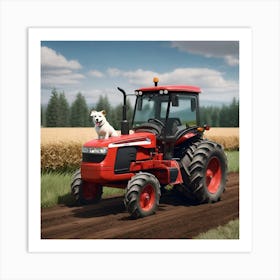 Red Tractor With A Dog Art Print