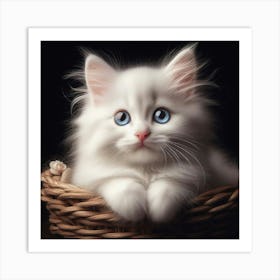 White Cat In A Basket Art Print