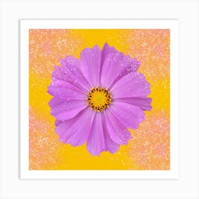 Pink Cosmos Flower On Yellow Background Art Print