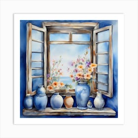 Blue wall. Open window. From inside an old-style room. Silver in the middle. There are several small pottery jars next to the window. There are flowers in the jars Spring oil colors. Wall painting.58 Art Print