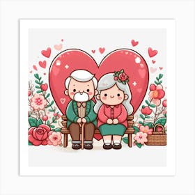 Old Couple Sitting On Bench Art Print