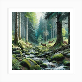 Deer In The Forest, Acrylic Painting Style Art Print