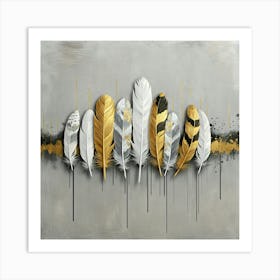 An Artistic Composition Featuring Gold And Black Feathers On A Subtle Gray Background, Emphasizing Their Beauty And Contrast Art Print