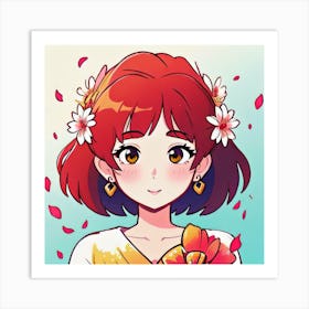 Anime Girl With Flowers Art Print