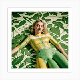 A Queer Model In A Yellow And Green Striped Top Lays On A Green And White Leaf Print Backdrop The Sc 1761942181 Art Print