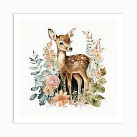 Watercolor Forest Cute Baby Deer 1 Art Print