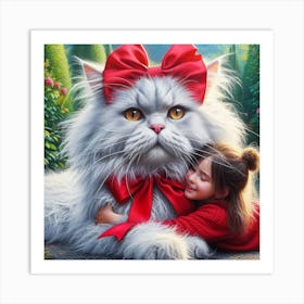 Girl And A Big Cat Art Print