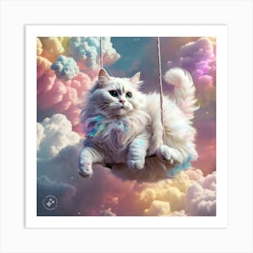 A white fury cat swinging in colourful clouds Art Print