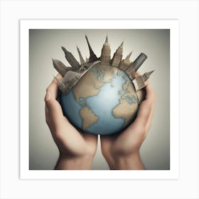 Holding the globe with city Art Print