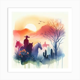 Watercolor Cowboys In The Desert 3 Art Print