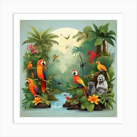 Tropical Jungle With Parrots Art Print